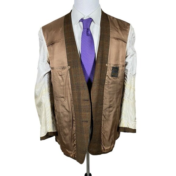 Vintage 60s 70s Kingsridge Sport Coat 44L 46L Brown Plaid Academia Ivy League - Picture 10 of 15